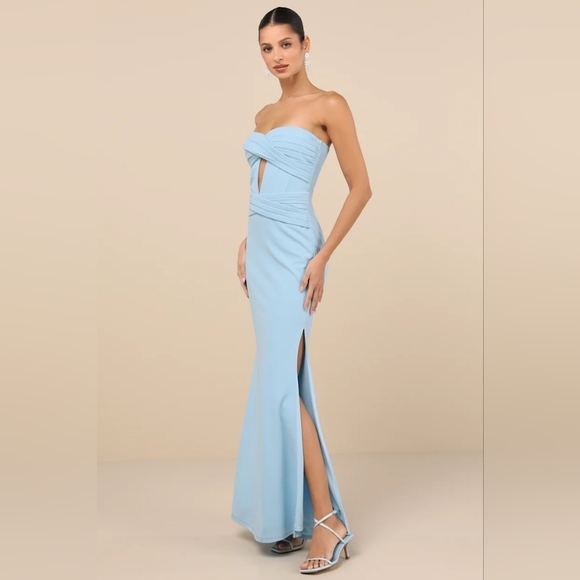 Lulus Elegant Finesse Light Blue Pleated Cutout Maxi Dress Wedding Party Prom - Picture 3 of 10